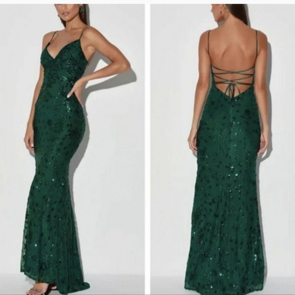 Lulus Photo Finish Forest Green Sequin Lace-Up Maxi Dress XL - Picture 2 of 13